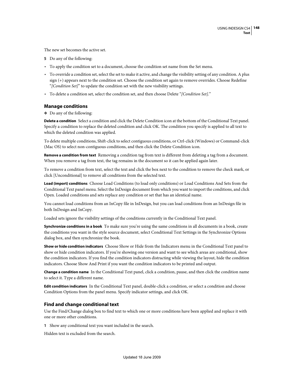 Manage conditions, Find and change conditional text | Adobe InDesign CS4 User Manual | Page 156 / 717
