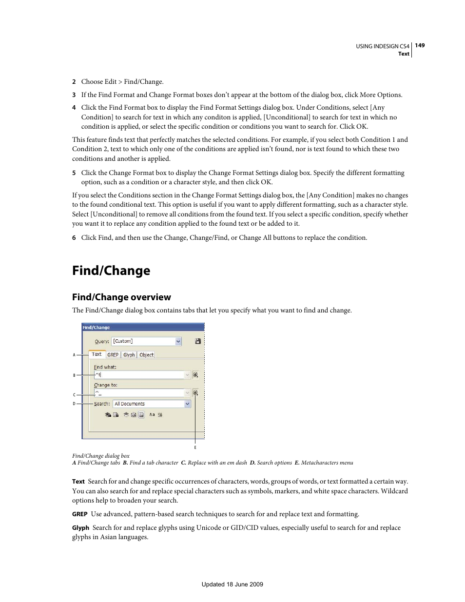 Find/change, Find/change overview | Adobe InDesign CS4 User Manual | Page 157 / 717