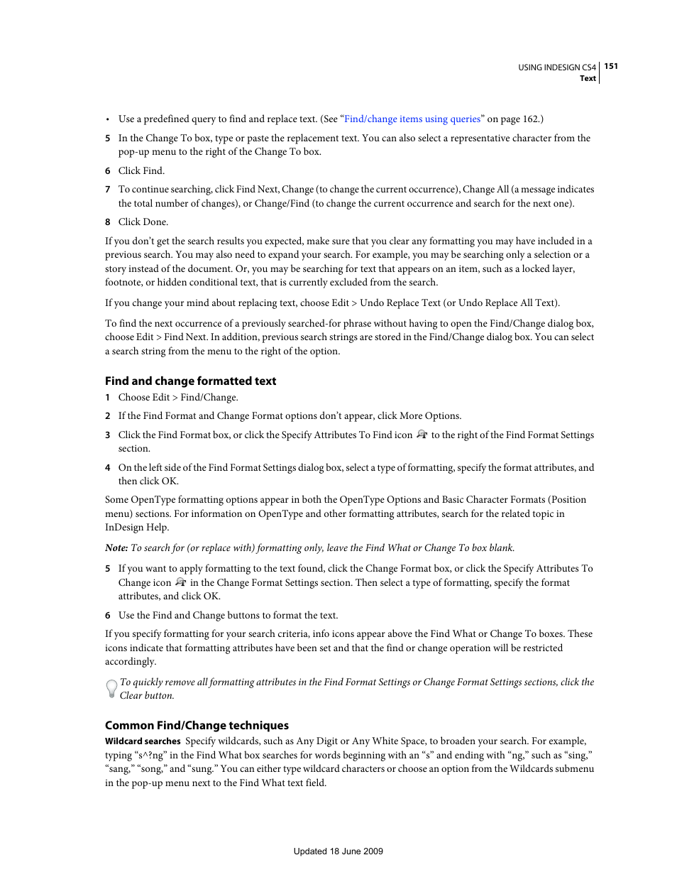 Find and change formatted text, Common find/change techniques | Adobe InDesign CS4 User Manual | Page 159 / 717