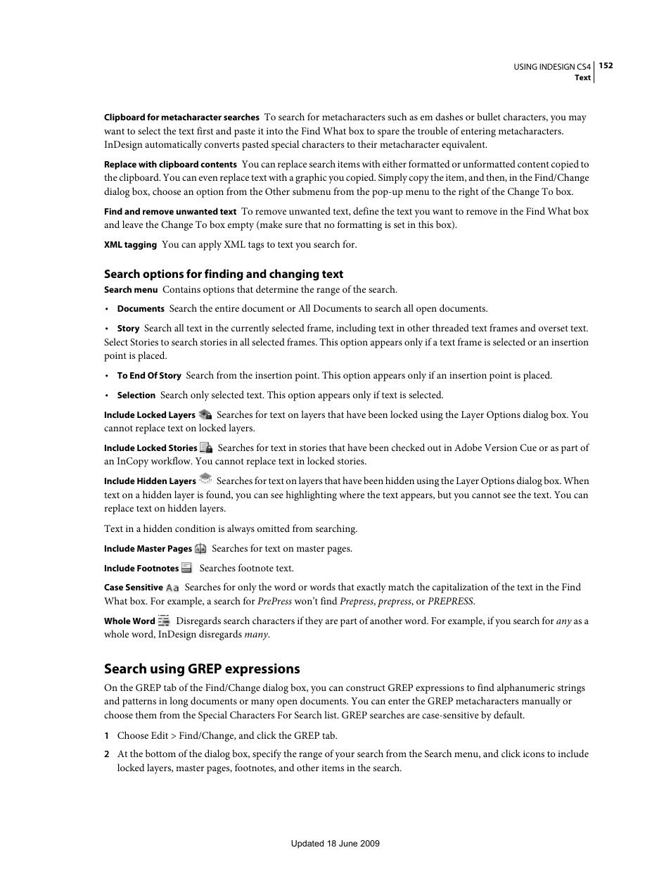 Search options for finding and changing text, Search using grep expressions | Adobe InDesign CS4 User Manual | Page 160 / 717