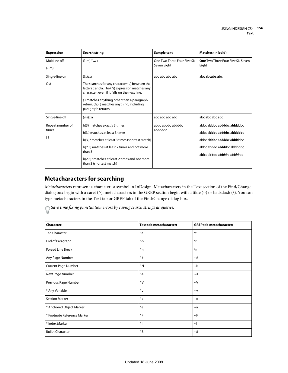 Metacharacters for searching, Enter the search expression manually. (see | Adobe InDesign CS4 User Manual | Page 164 / 717