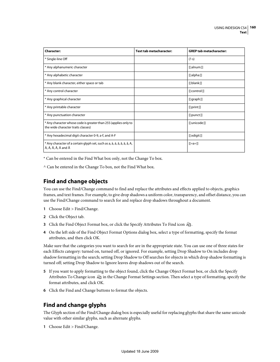 Find and change objects, Find and change glyphs | Adobe InDesign CS4 User Manual | Page 168 / 717