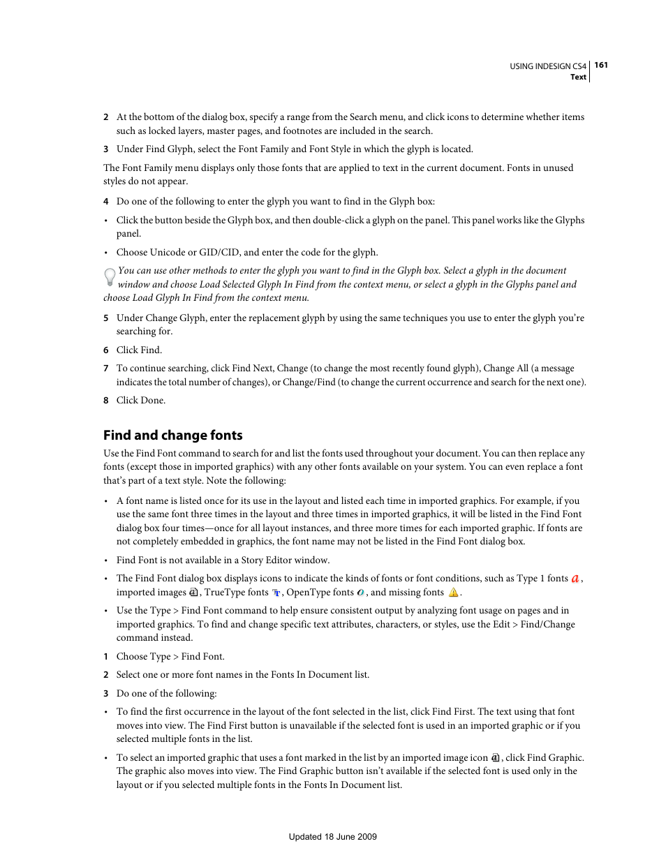 Find and change fonts, For more information on finding missing fonts, see | Adobe InDesign CS4 User Manual | Page 169 / 717