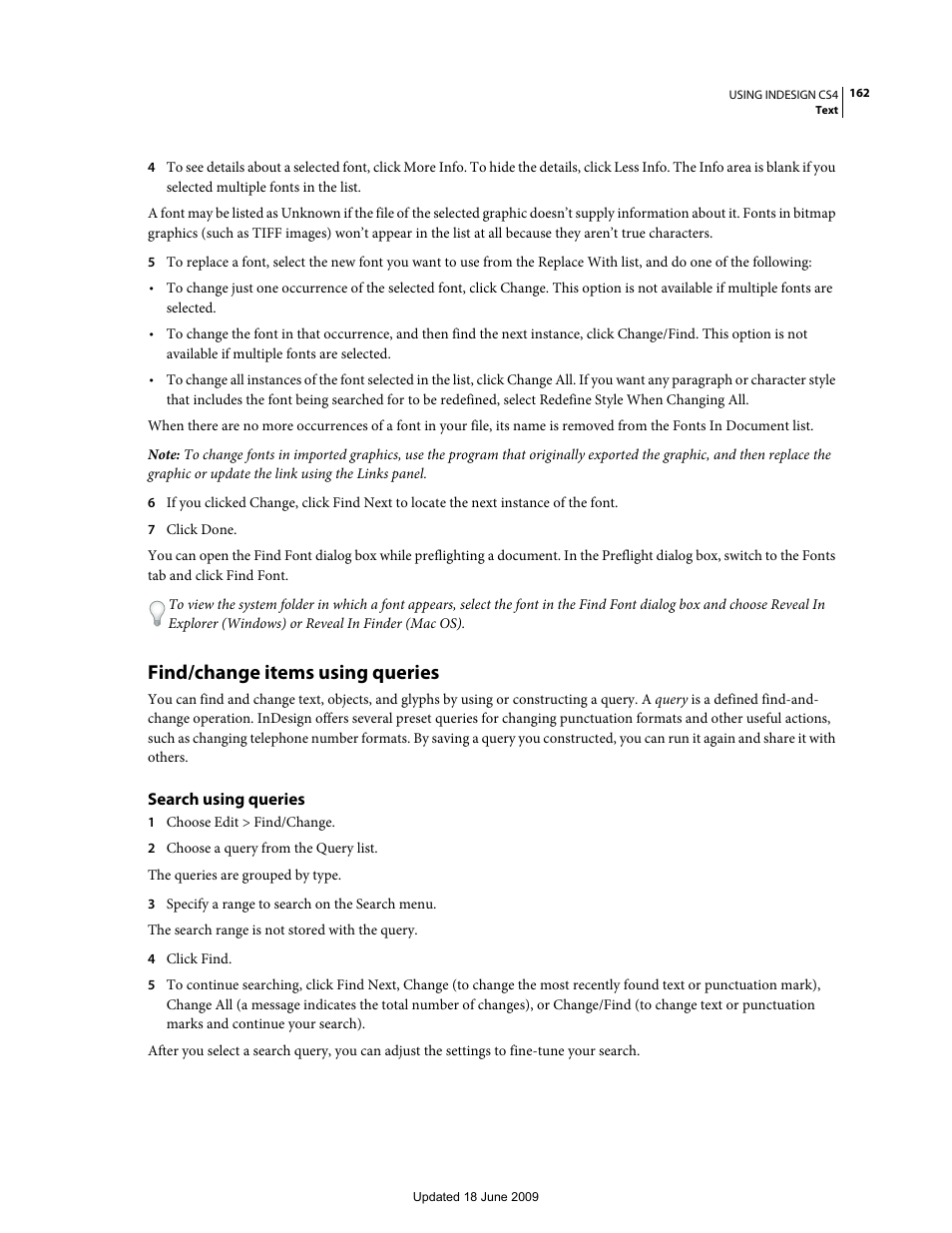 Find/change items using queries, Search using queries, Find/change items | Using queries | Adobe InDesign CS4 User Manual | Page 170 / 717