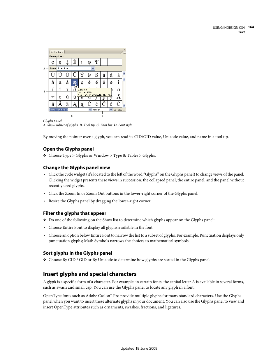 Open the glyphs panel, Change the glyphs panel view, Filter the glyphs that appear | Sort glyphs in the glyphs panel, Insert glyphs and special characters | Adobe InDesign CS4 User Manual | Page 172 / 717