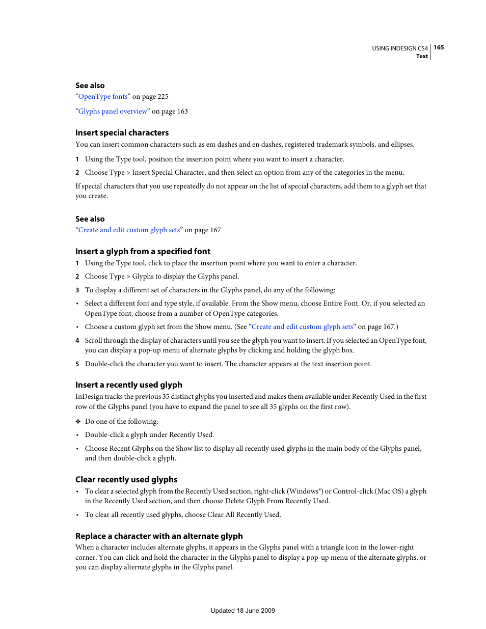 Insert special characters, Insert a glyph from a specified font, Insert a recently used glyph | Clear recently used glyphs, Replace a character with an alternate glyph | Adobe InDesign CS4 User Manual | Page 173 / 717