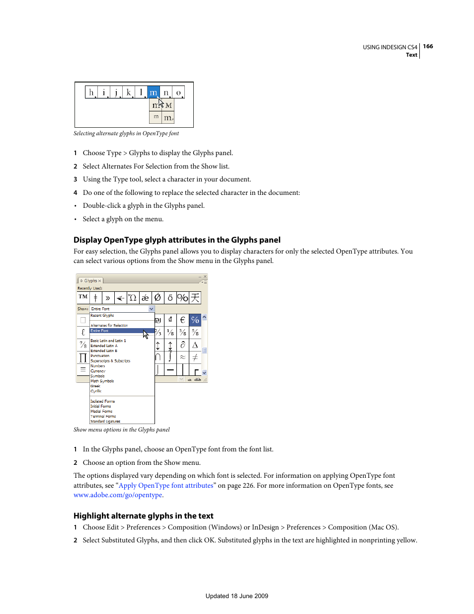 Highlight alternate glyphs in the text | Adobe InDesign CS4 User Manual | Page 174 / 717