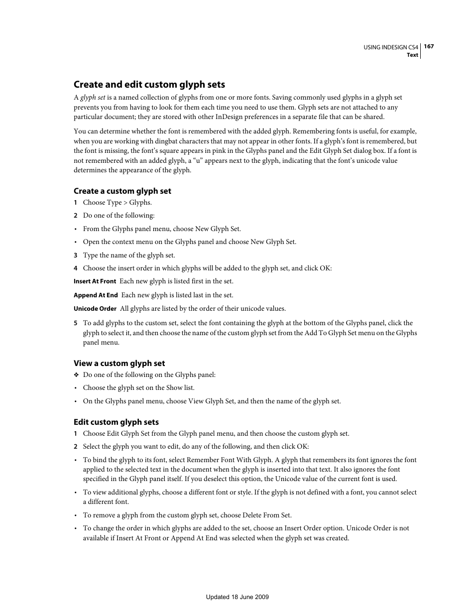 Create and edit custom glyph sets, Create a custom glyph set, View a custom glyph set | Edit custom glyph sets, Choose a custom glyph set from the show menu. (see | Adobe InDesign CS4 User Manual | Page 175 / 717