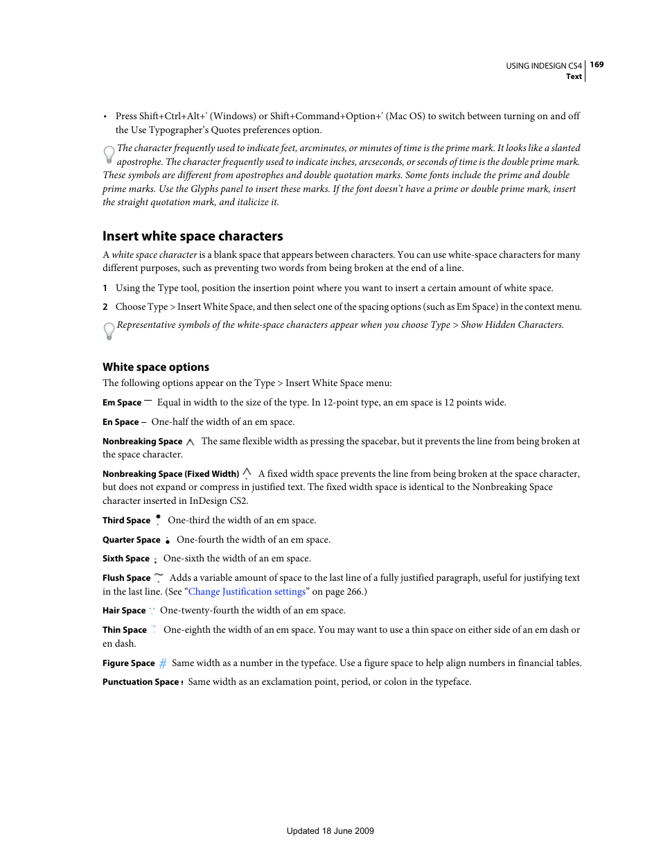 Insert white space characters, White space options, Symbols cannot be used in section prefixes. (see | Insert, White space characters | Adobe InDesign CS4 User Manual | Page 177 / 717