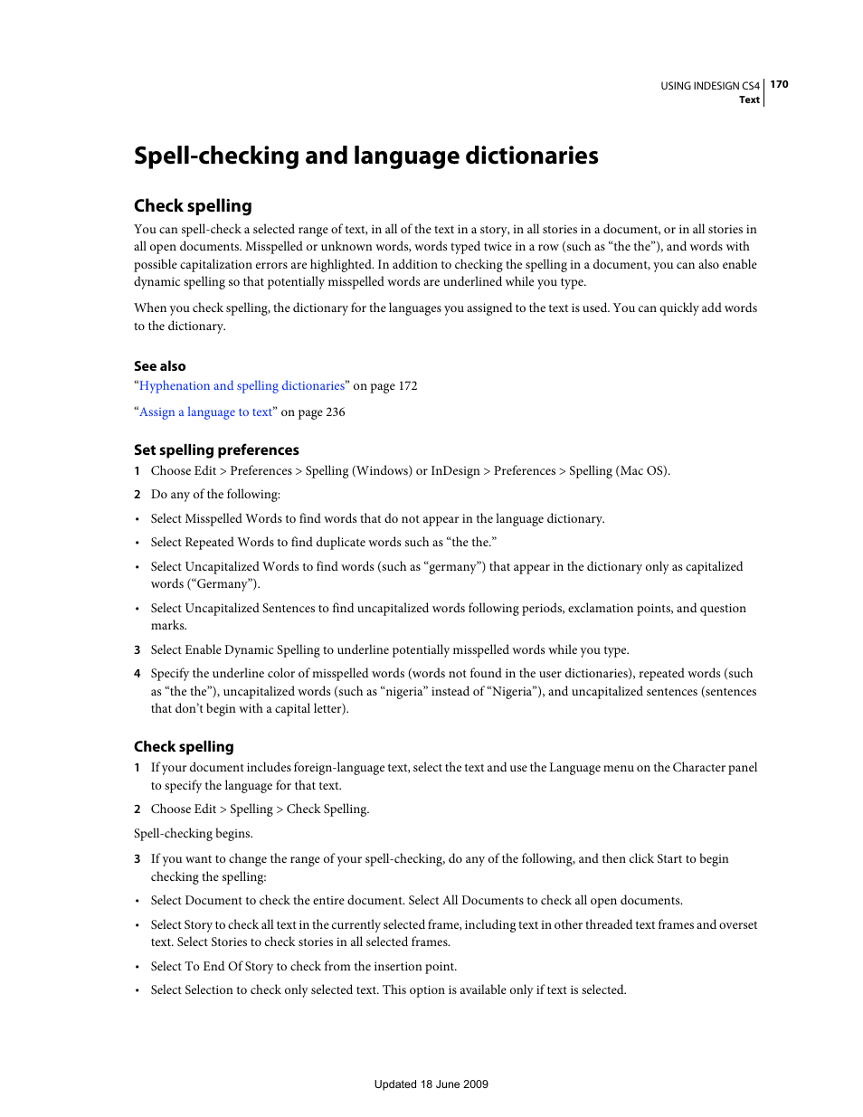 Spell-checking and language dictionaries, Check spelling, Set spelling preferences | Adobe InDesign CS4 User Manual | Page 178 / 717