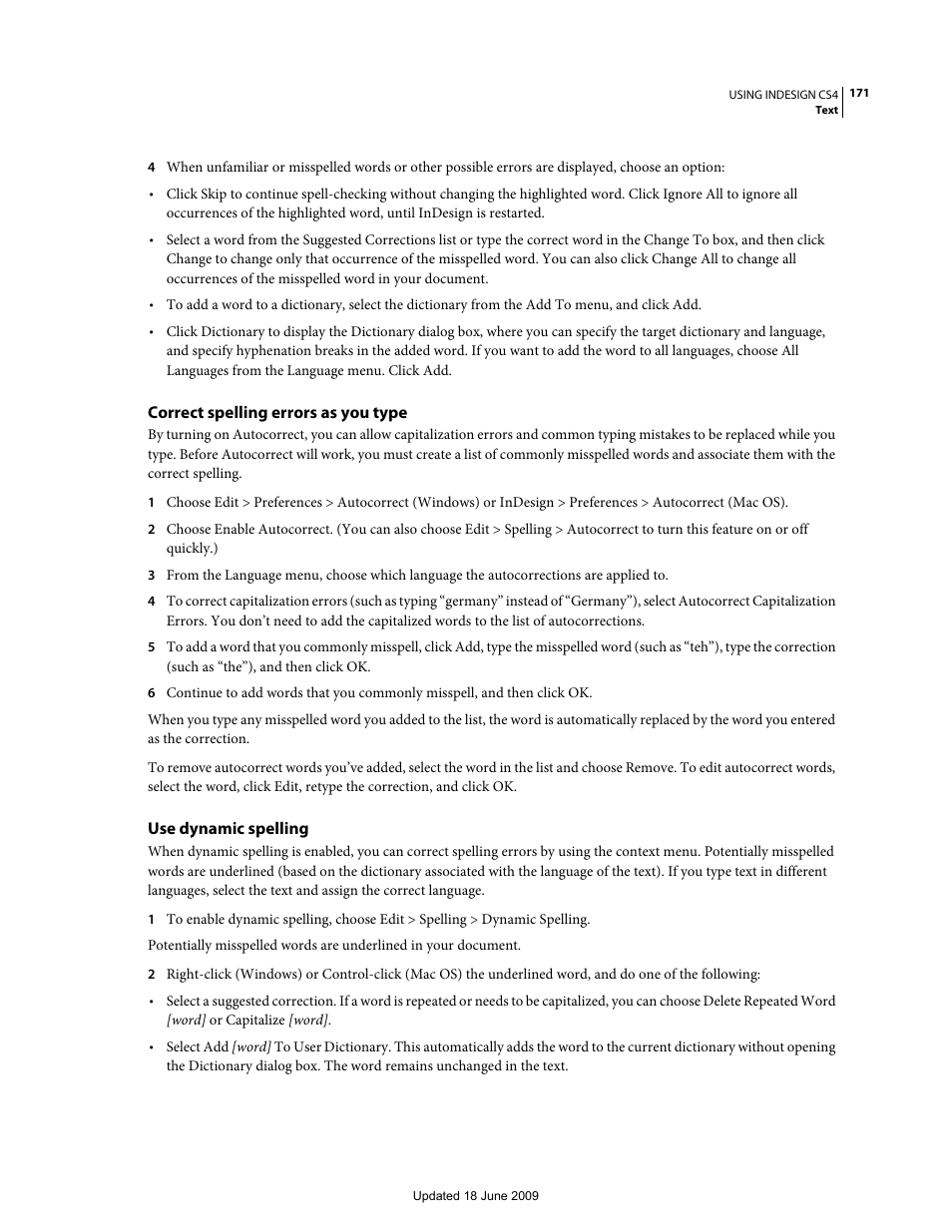 Correct spelling errors as you type, Use dynamic spelling | Adobe InDesign CS4 User Manual | Page 179 / 717