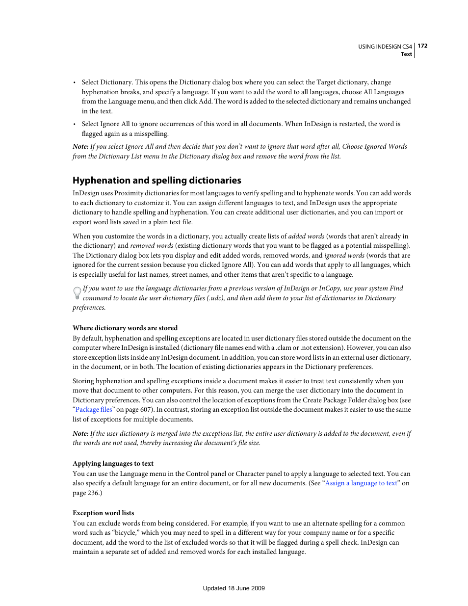 Hyphenation and spelling dictionaries | Adobe InDesign CS4 User Manual | Page 180 / 717
