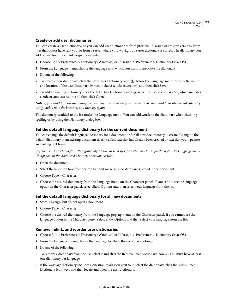 Create or add user dictionaries, Remove, relink, and reorder user dictionaries | Adobe InDesign CS4 User Manual | Page 181 / 717