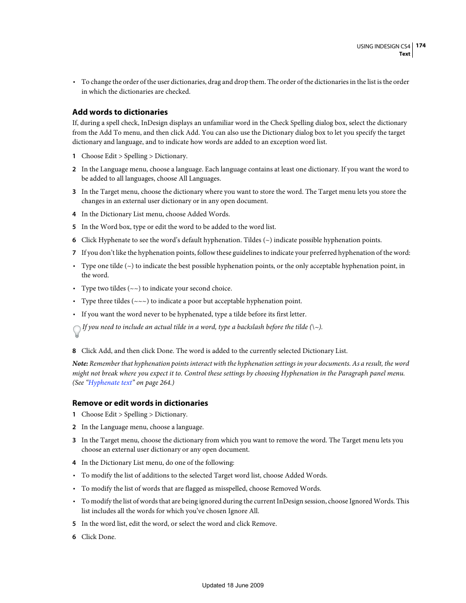 Add words to dictionaries, Remove or edit words in dictionaries, Words to dictionaries | Adobe InDesign CS4 User Manual | Page 182 / 717
