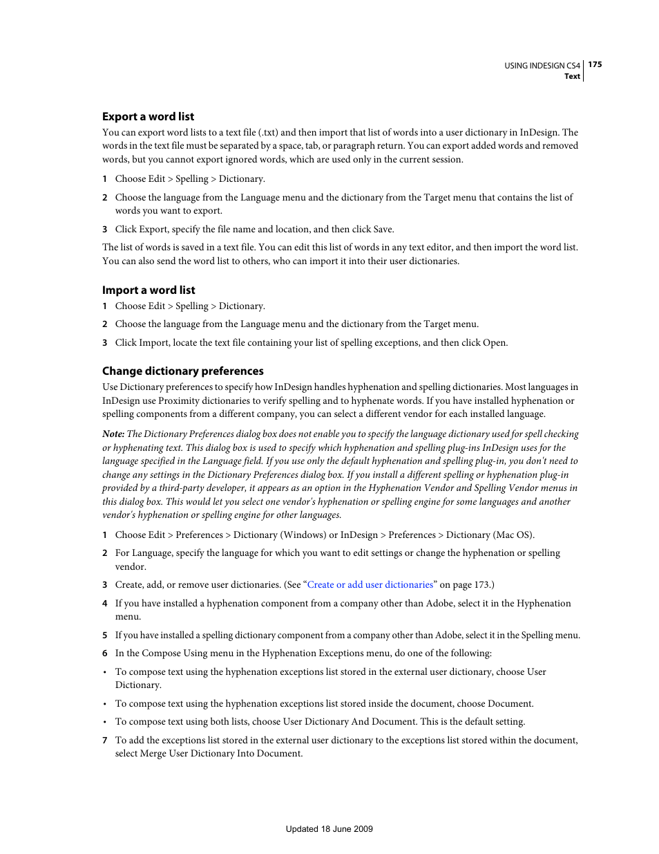 Export a word list, Import a word list, Change dictionary preferences | Adobe InDesign CS4 User Manual | Page 183 / 717