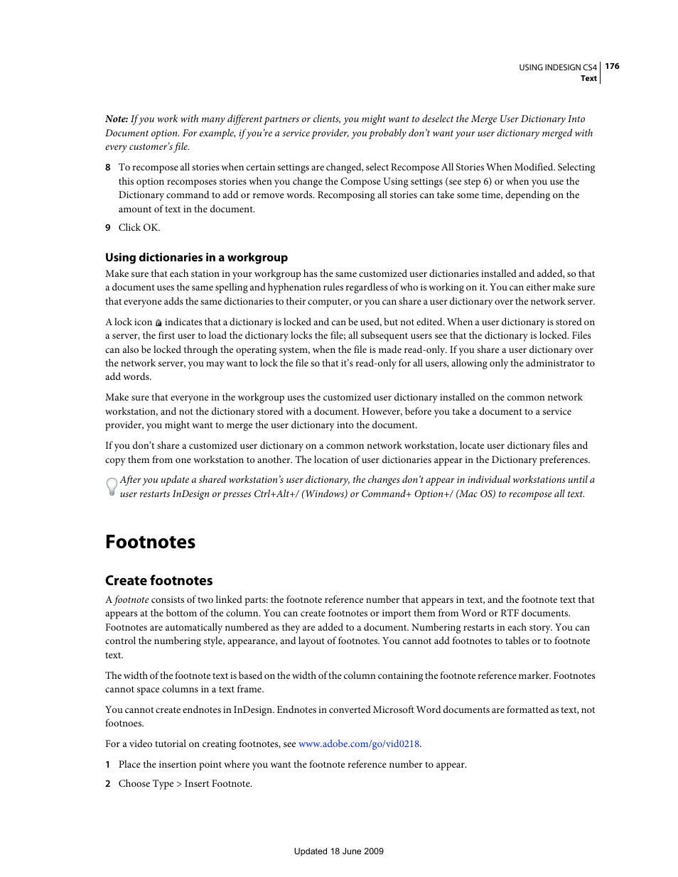 Using dictionaries in a workgroup, Footnotes, Create footnotes | Adobe InDesign CS4 User Manual | Page 184 / 717