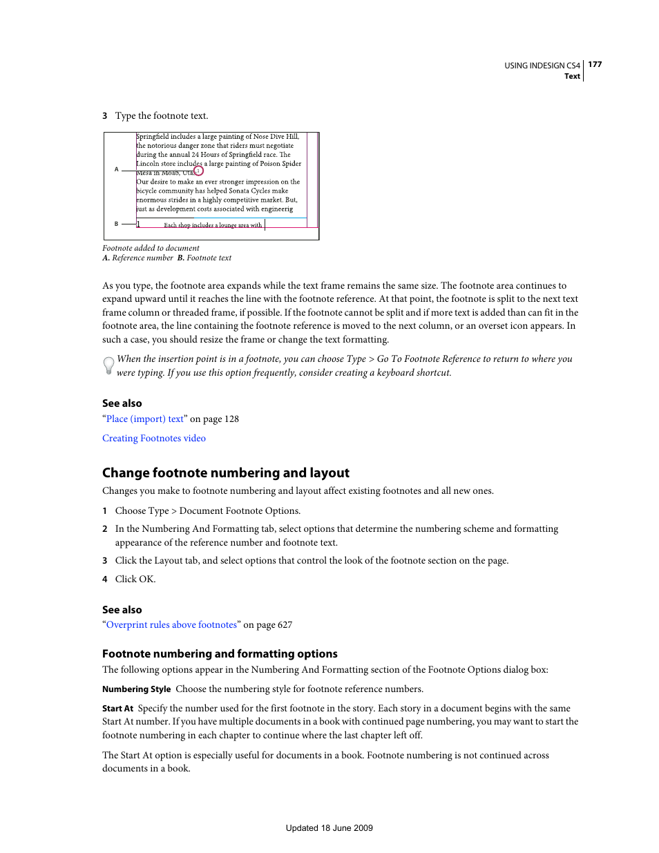 Change footnote numbering and layout, Footnote numbering and formatting options | Adobe InDesign CS4 User Manual | Page 185 / 717