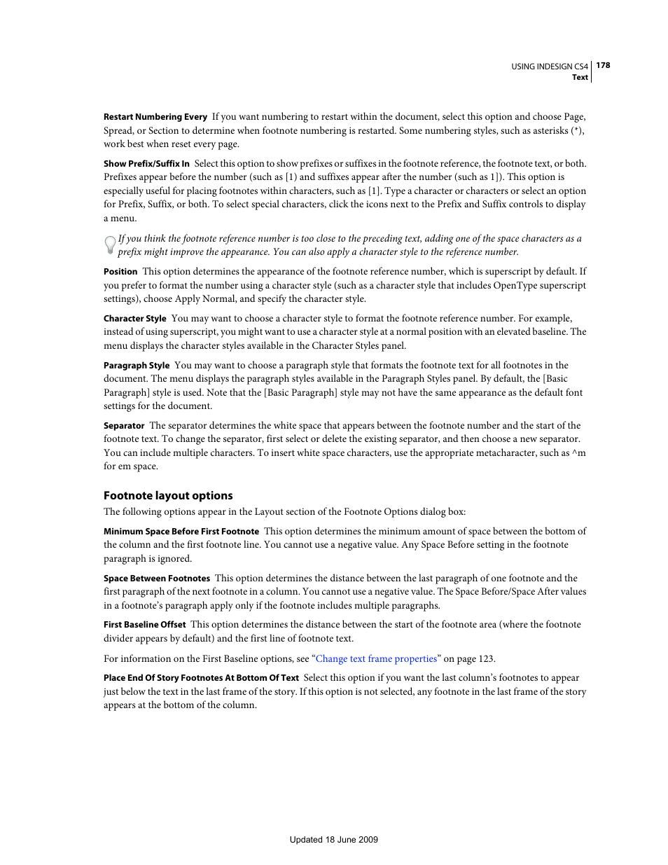 Footnote layout options | Adobe InDesign CS4 User Manual | Page 186 / 717