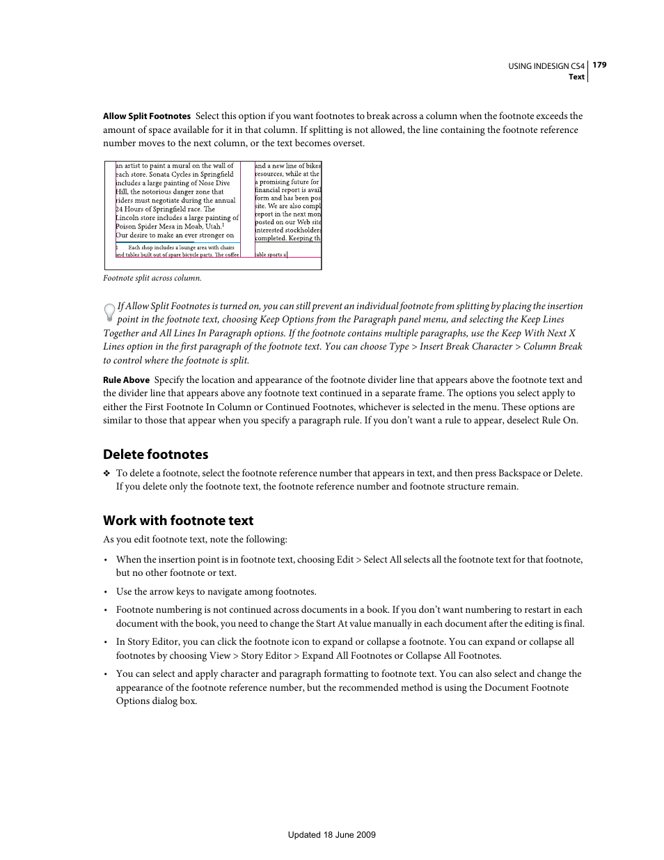 Delete footnotes, Work with footnote text | Adobe InDesign CS4 User Manual | Page 187 / 717