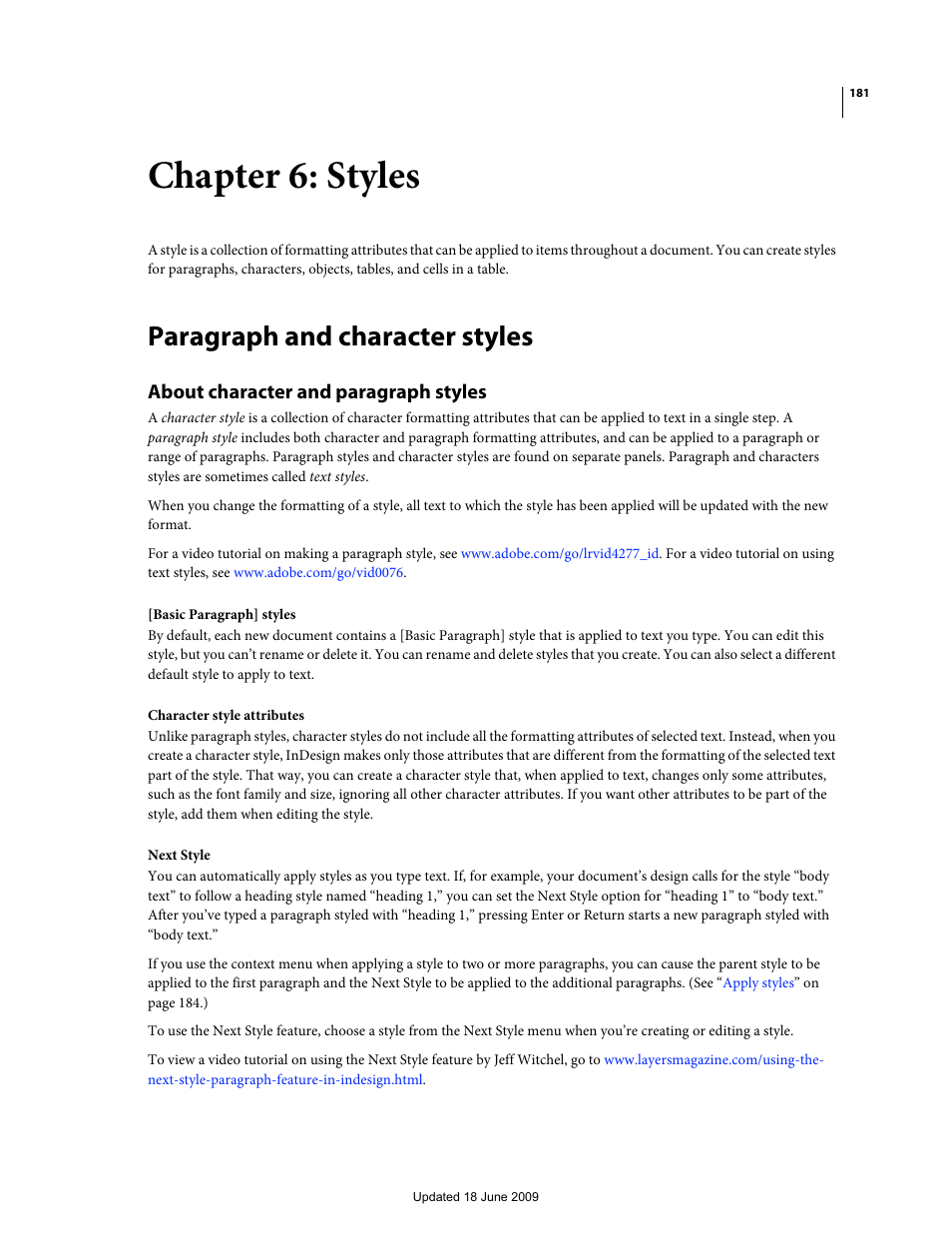 Chapter 6: styles, Paragraph and character styles, About character and paragraph styles | Adobe InDesign CS4 User Manual | Page 189 / 717