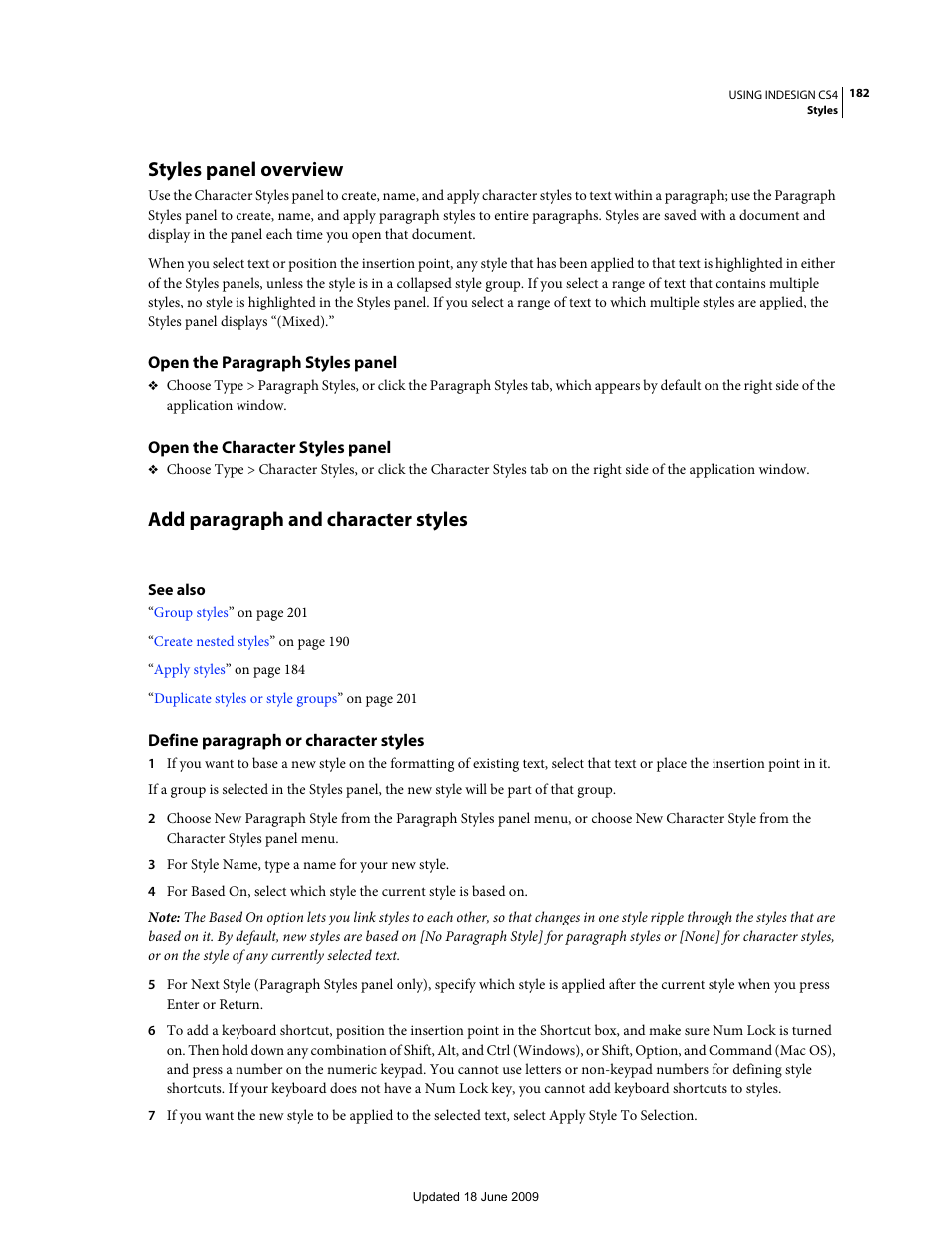 Styles panel overview, Open the paragraph styles panel, Open the character styles panel | Add paragraph and character styles, Define paragraph or character styles | Adobe InDesign CS4 User Manual | Page 190 / 717