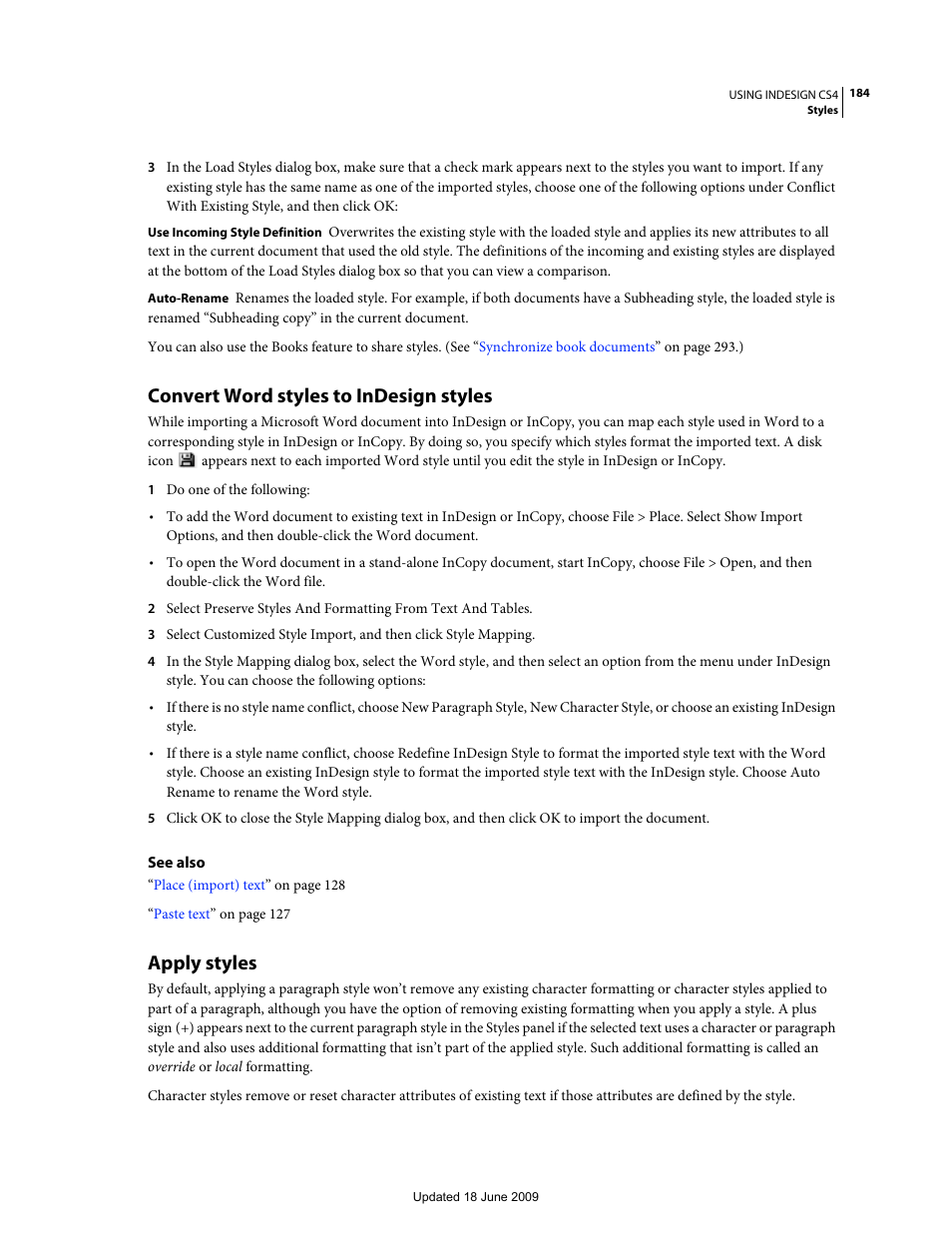Convert word styles to indesign styles, Apply styles | Adobe InDesign CS4 User Manual | Page 192 / 717