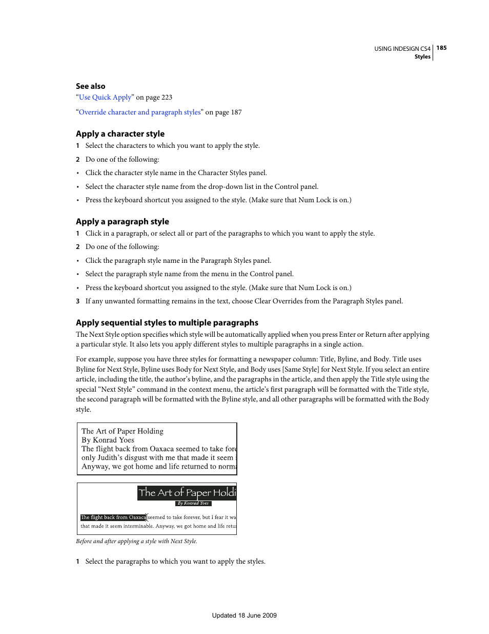 Apply a character style, Apply a paragraph style, Apply sequential styles to multiple paragraphs | Adobe InDesign CS4 User Manual | Page 193 / 717