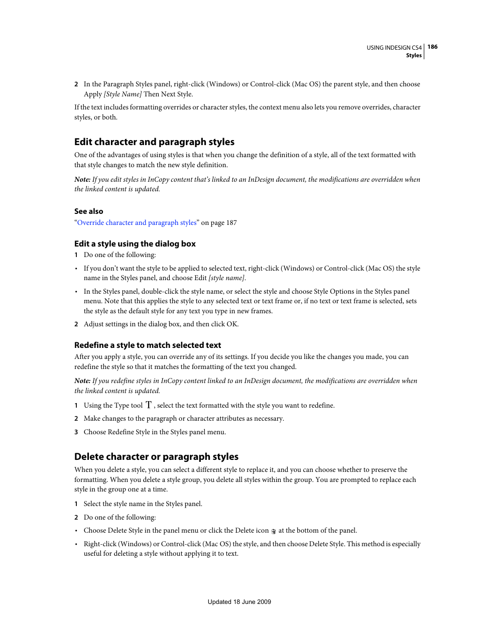 Edit character and paragraph styles, Edit a style using the dialog box, Redefine a style to match selected text | Delete character or paragraph styles | Adobe InDesign CS4 User Manual | Page 194 / 717