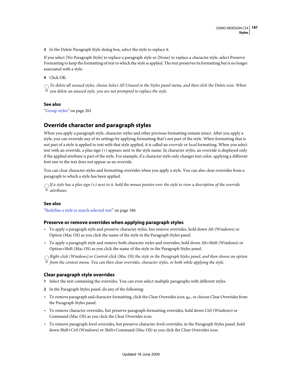 Override character and paragraph styles, Clear paragraph style overrides | Adobe InDesign CS4 User Manual | Page 195 / 717