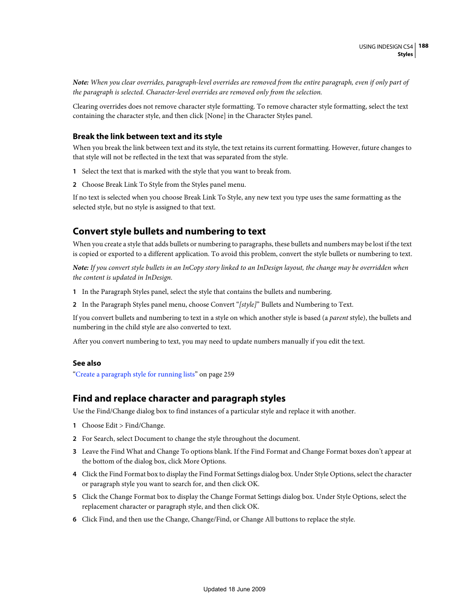 Break the link between text and its style, Convert style bullets and numbering to text, Find and replace character and paragraph styles | Adobe InDesign CS4 User Manual | Page 196 / 717