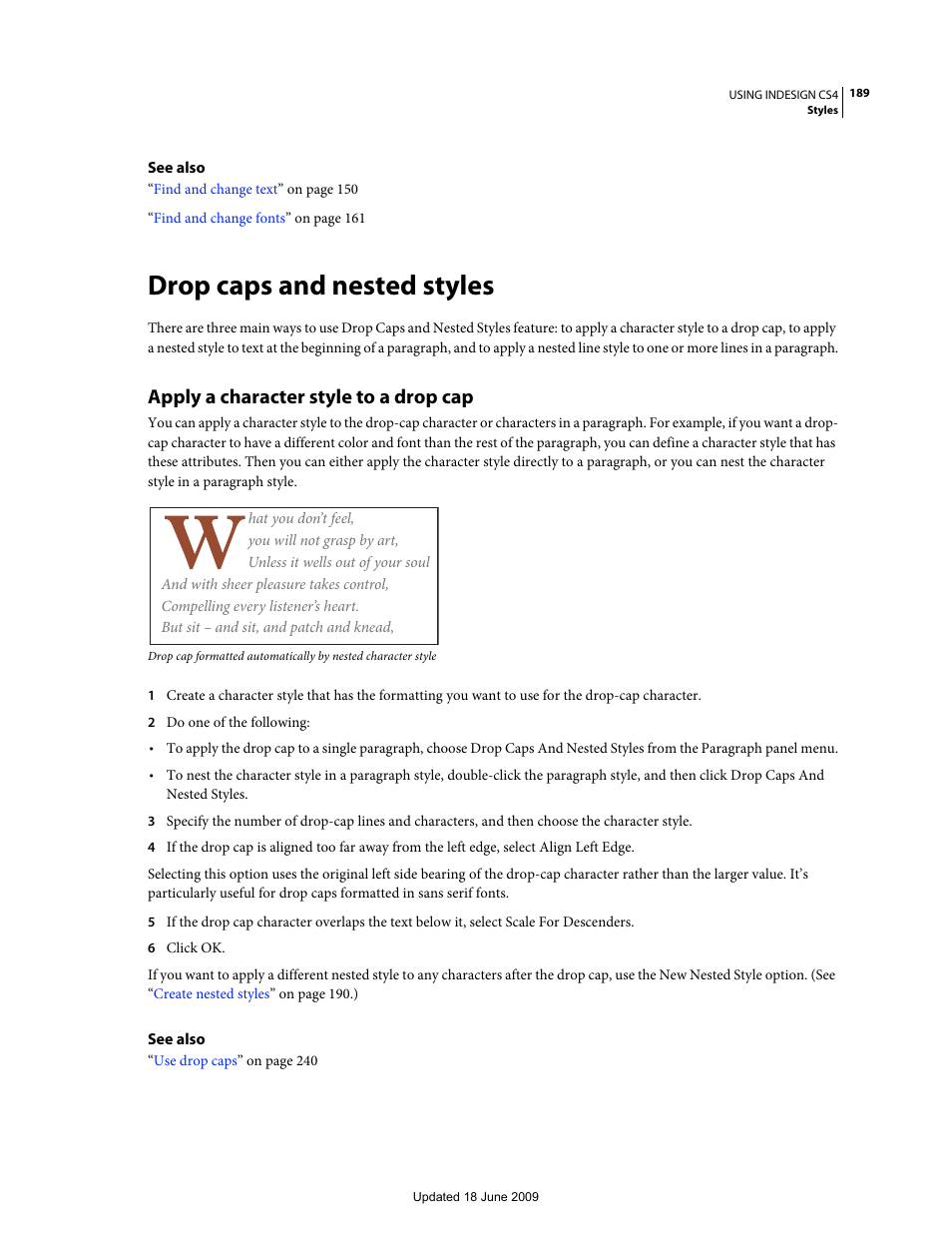 Drop caps and nested styles, Apply a character style to a drop cap | Adobe InDesign CS4 User Manual | Page 197 / 717