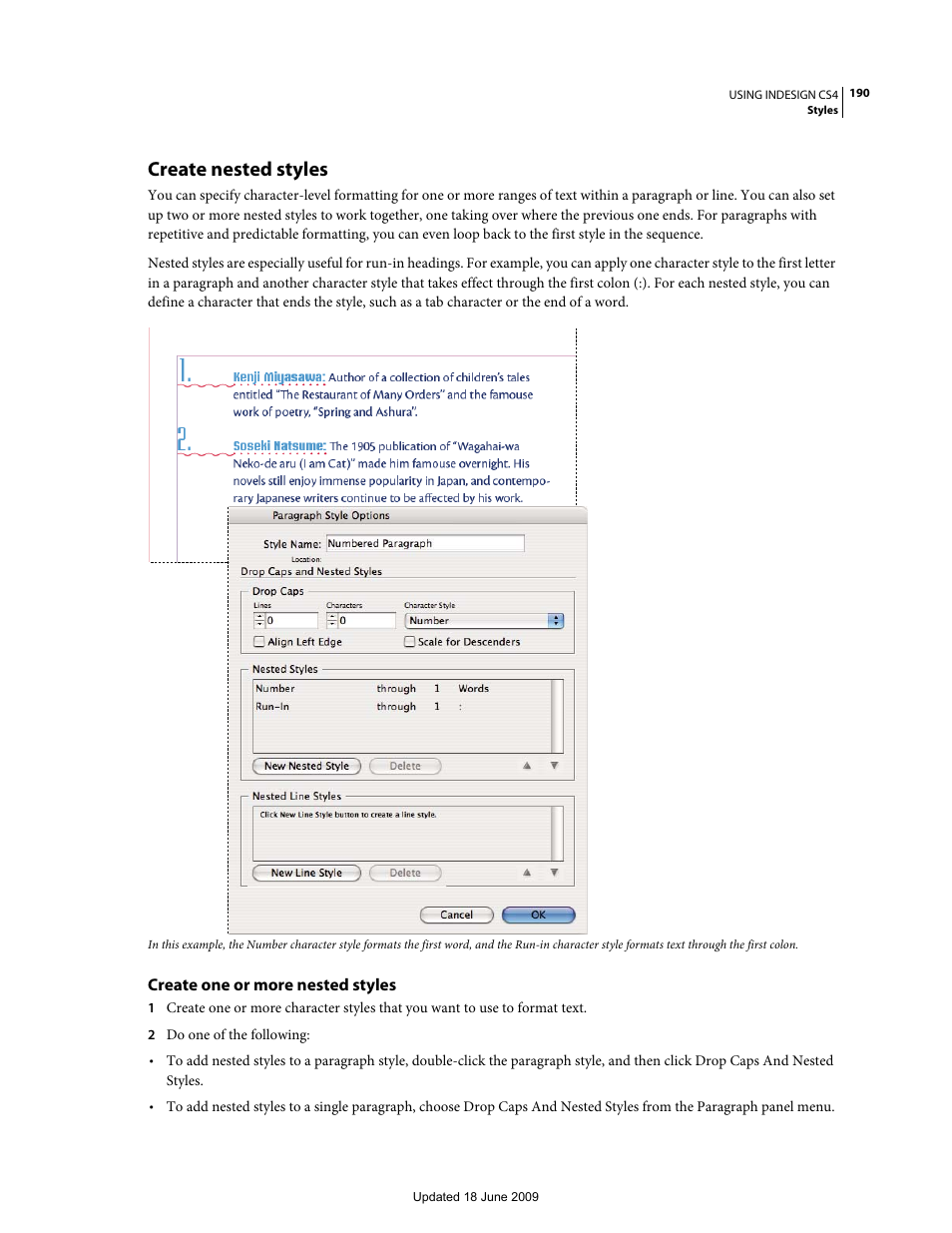 Create nested styles, Create one or more nested styles | Adobe InDesign CS4 User Manual | Page 198 / 717