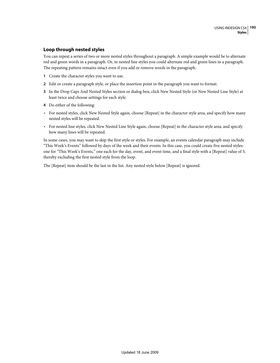 Loop through nested styles | Adobe InDesign CS4 User Manual | Page 200 / 717