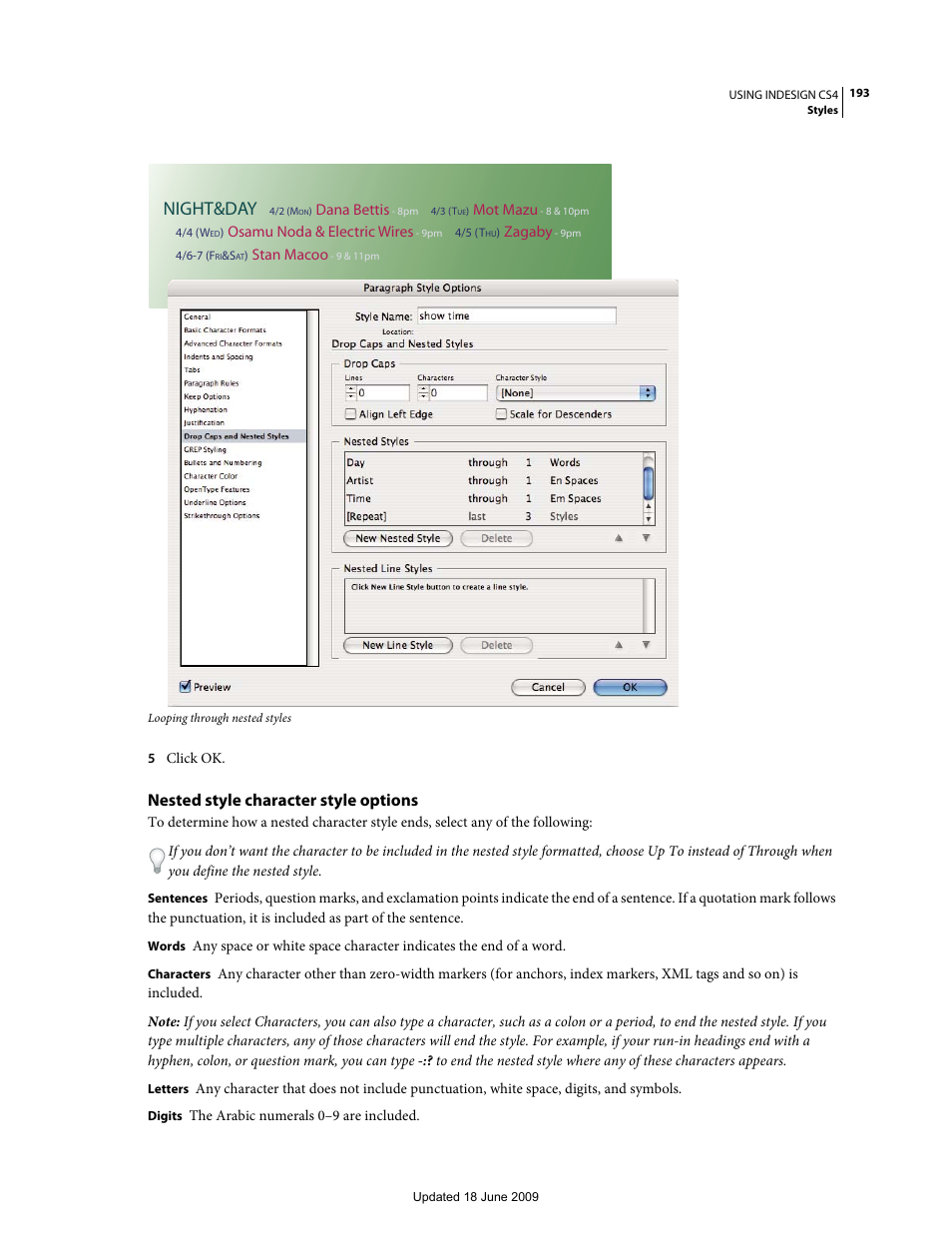 Nested style character style options, Night&day | Adobe InDesign CS4 User Manual | Page 201 / 717