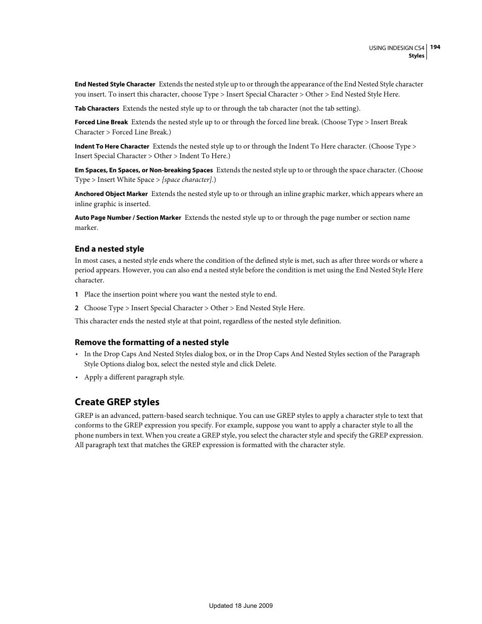 End a nested style, Remove the formatting of a nested style, Create grep styles | Create grep, Styles | Adobe InDesign CS4 User Manual | Page 202 / 717