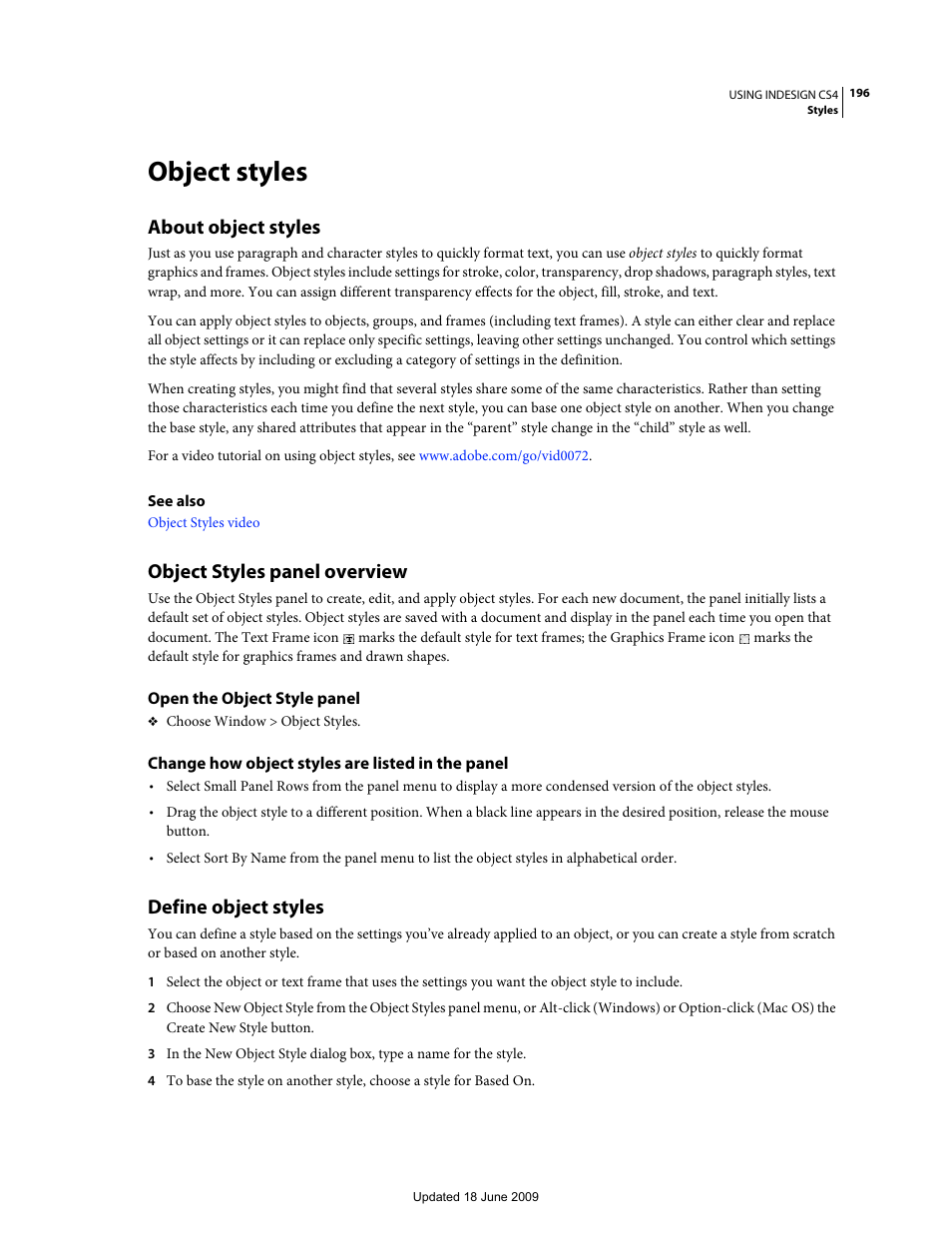 Object styles, About object styles, Object styles panel overview | Open the object style panel, Change how object styles are listed in the panel, Define object styles | Adobe InDesign CS4 User Manual | Page 204 / 717