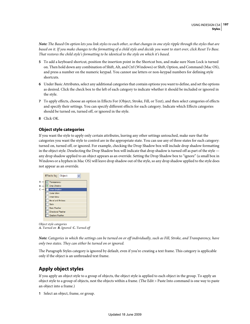 Object style categories, Apply object styles | Adobe InDesign CS4 User Manual | Page 205 / 717