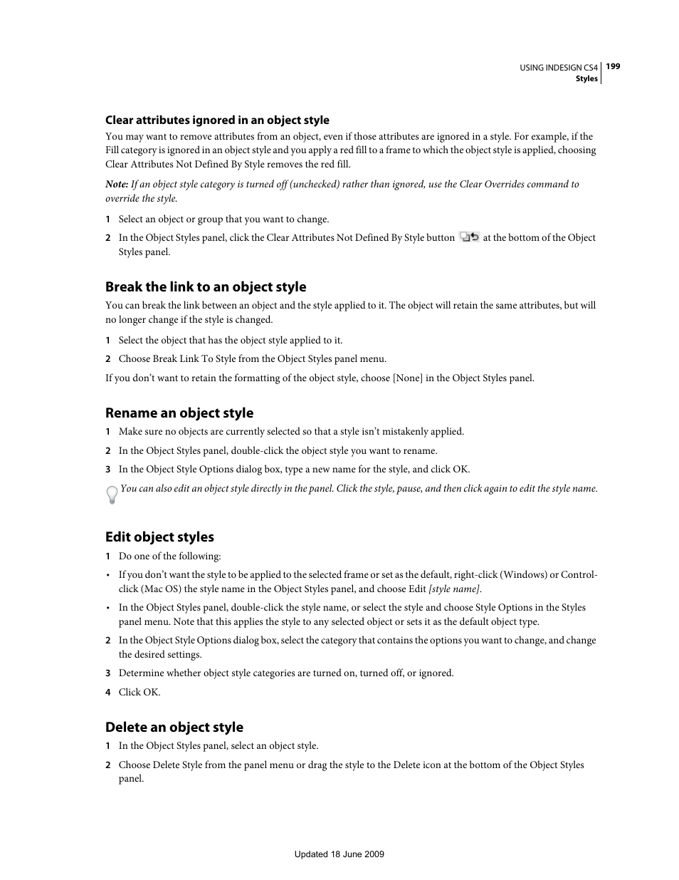 Clear attributes ignored in an object style, Break the link to an object style, Rename an object style | Edit object styles, Delete an object style | Adobe InDesign CS4 User Manual | Page 207 / 717