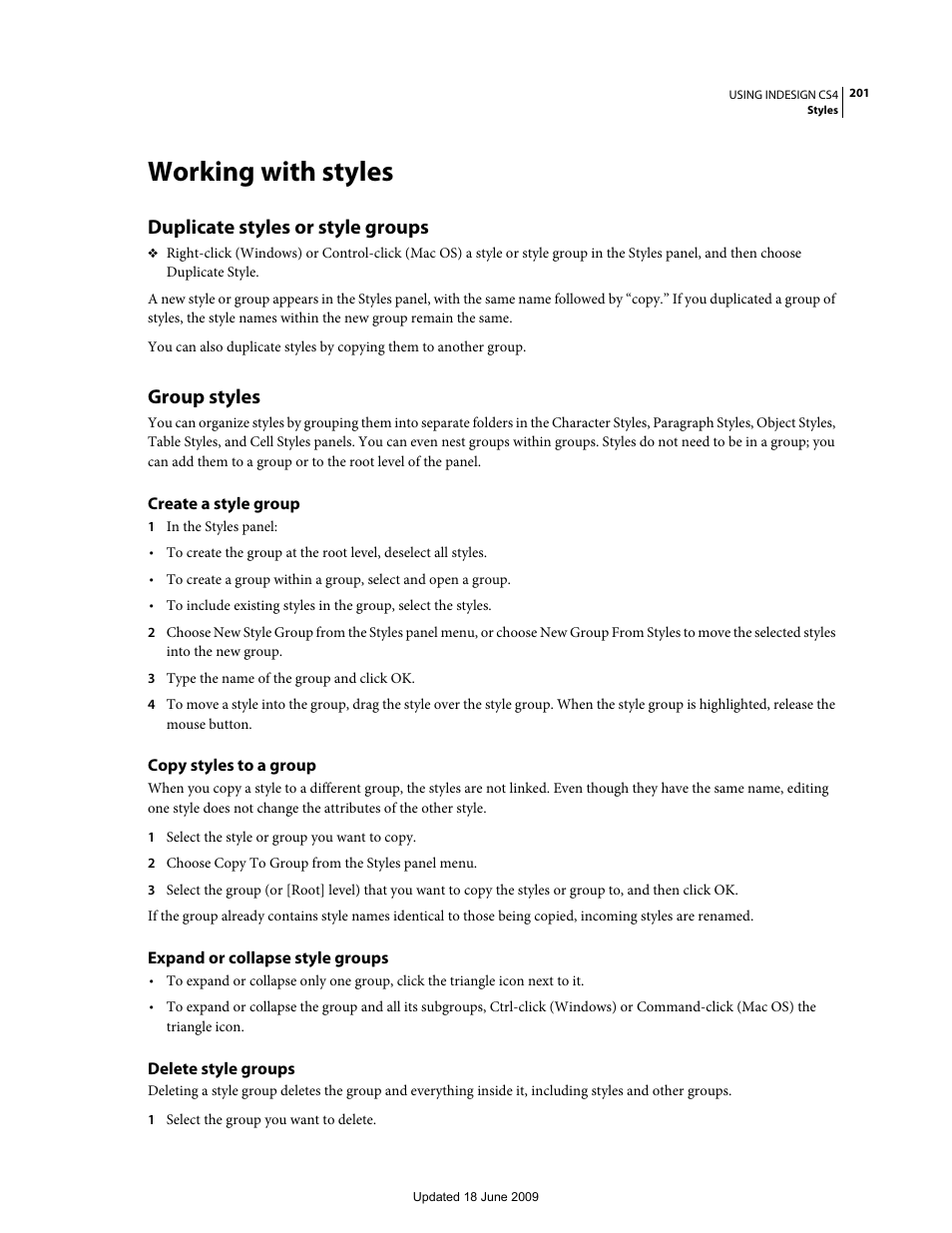 Working with styles, Duplicate styles or style groups, Group styles | Create a style group, Copy styles to a group, Expand or collapse style groups, Delete style groups | Adobe InDesign CS4 User Manual | Page 209 / 717