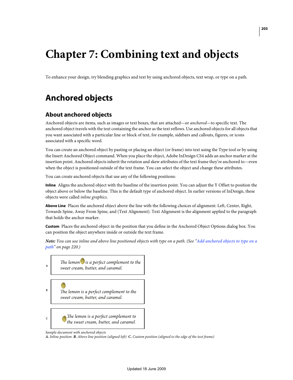 Chapter 7: combining text and objects, Anchored objects, About anchored objects | Adobe InDesign CS4 User Manual | Page 211 / 717