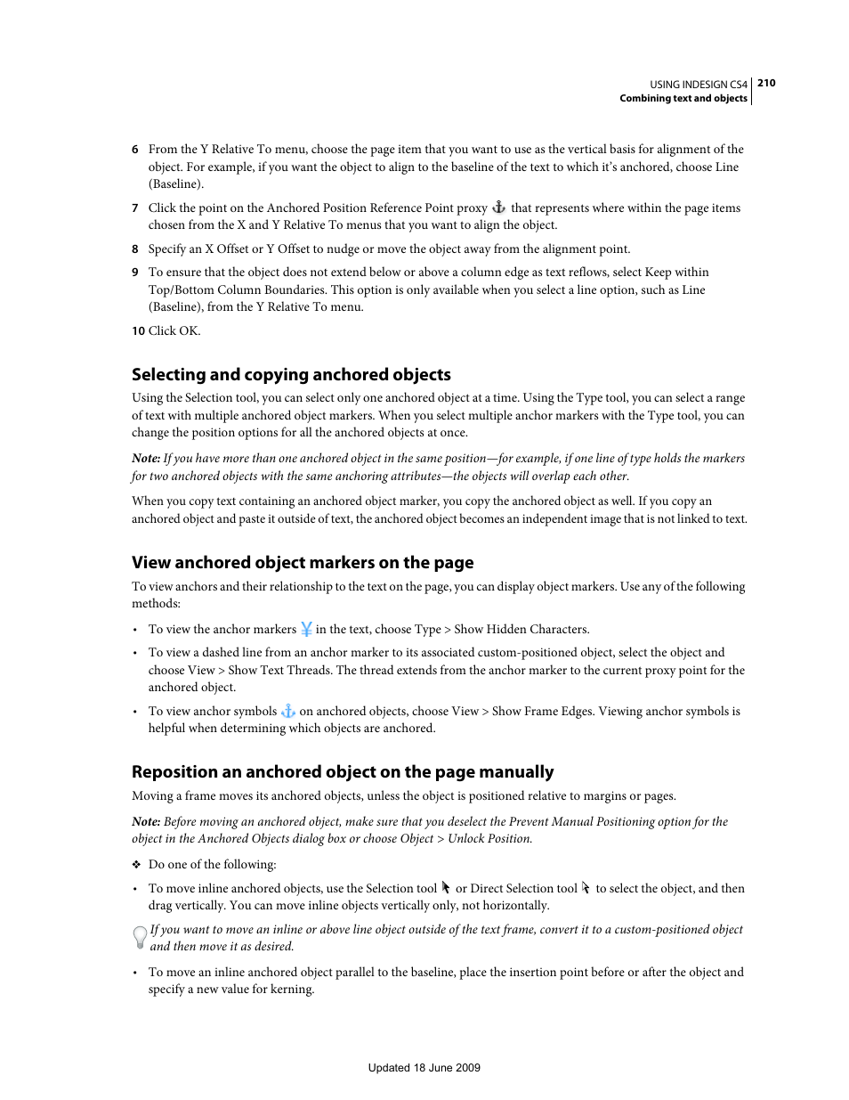 Selecting and copying anchored objects, View anchored object markers on the page, Reposition an anchored object on the page manually | Adobe InDesign CS4 User Manual | Page 218 / 717