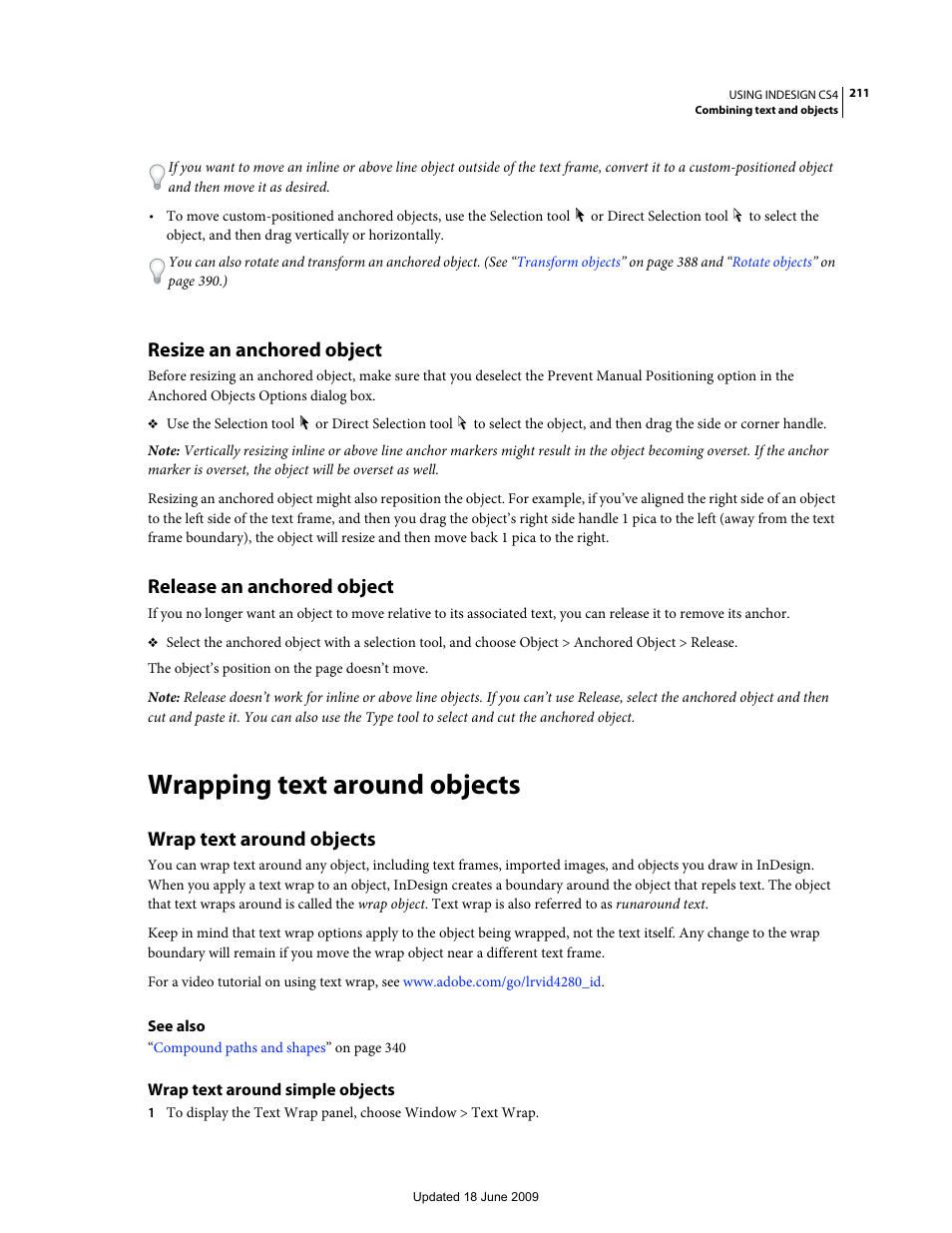 Resize an anchored object, Release an anchored object, Wrapping text around objects | Wrap text around objects, Wrap text around simple objects | Adobe InDesign CS4 User Manual | Page 219 / 717