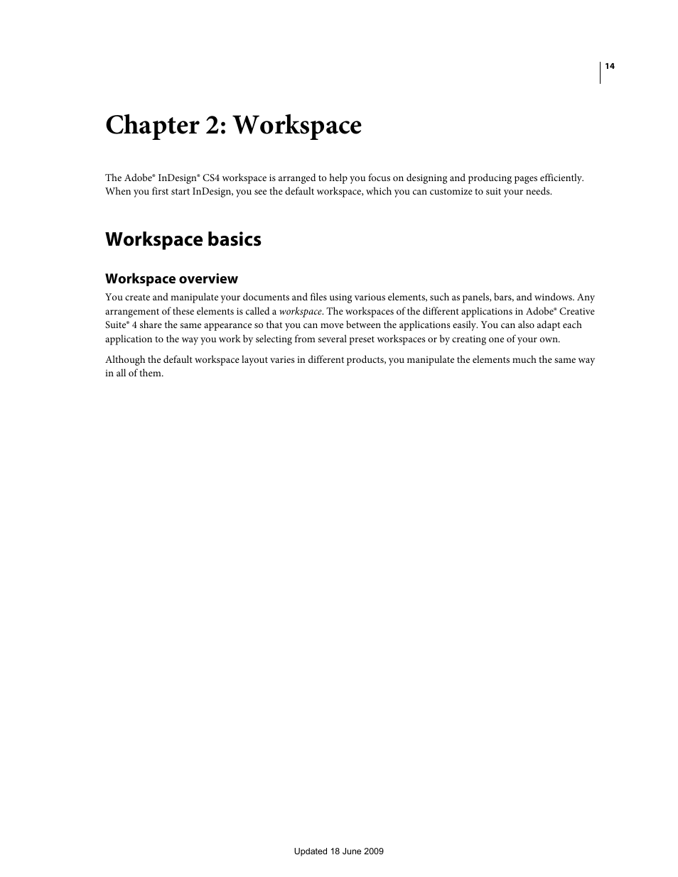 Chapter 2: workspace, Workspace basics, Workspace overview | Adobe InDesign CS4 User Manual | Page 22 / 717