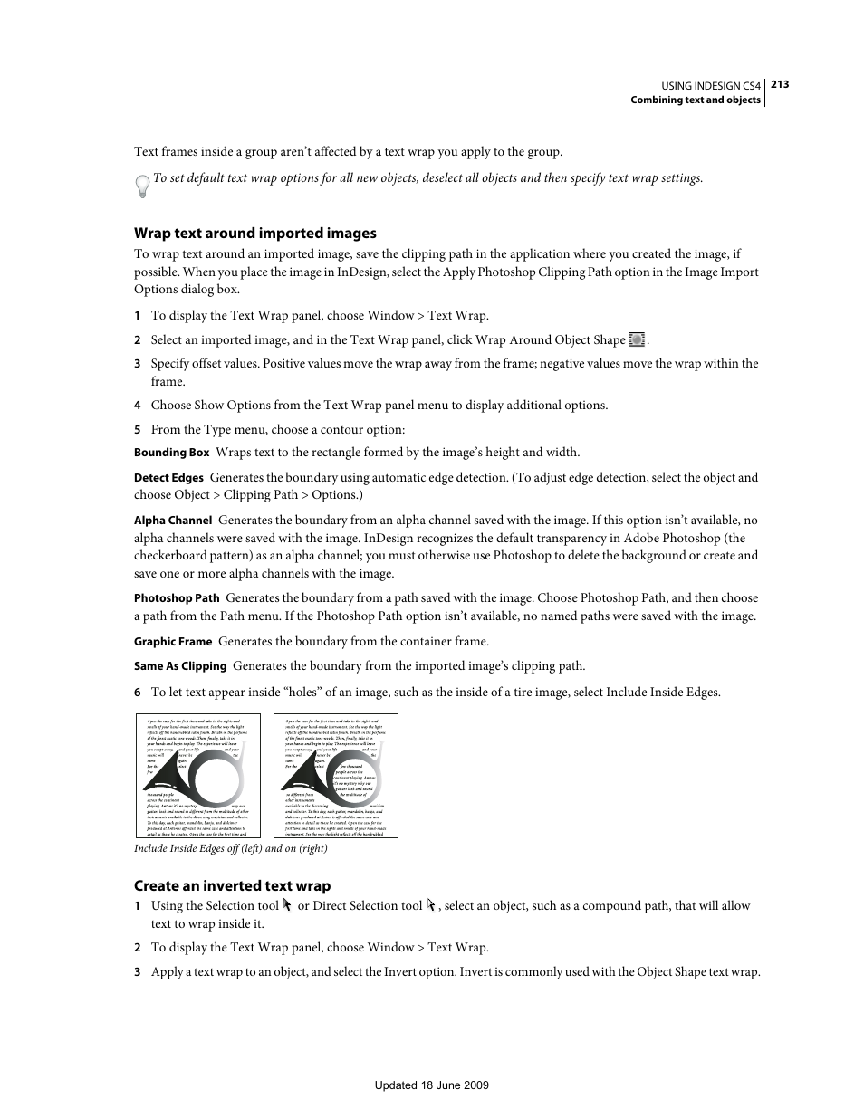 Wrap text around imported images, Create an inverted text wrap | Adobe InDesign CS4 User Manual | Page 221 / 717