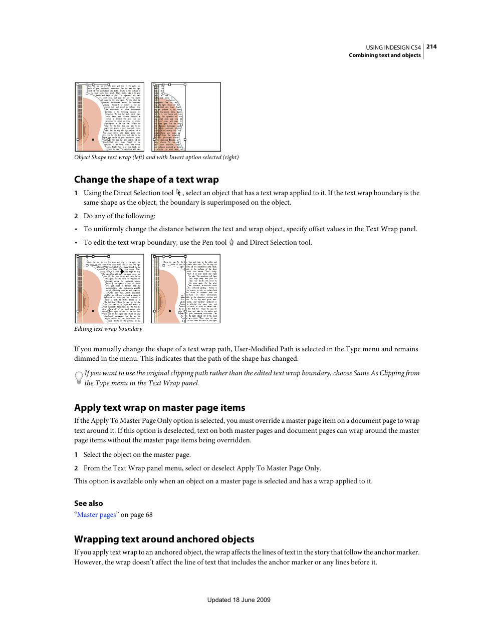 Change the shape of a text wrap, Wrapping text around anchored objects, Apply text wrap on master page items | Adobe InDesign CS4 User Manual | Page 222 / 717