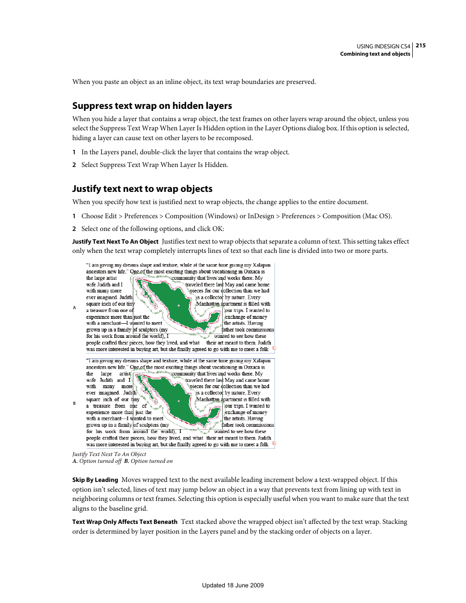 Suppress text wrap on hidden layers, Justify text next to wrap objects | Adobe InDesign CS4 User Manual | Page 223 / 717