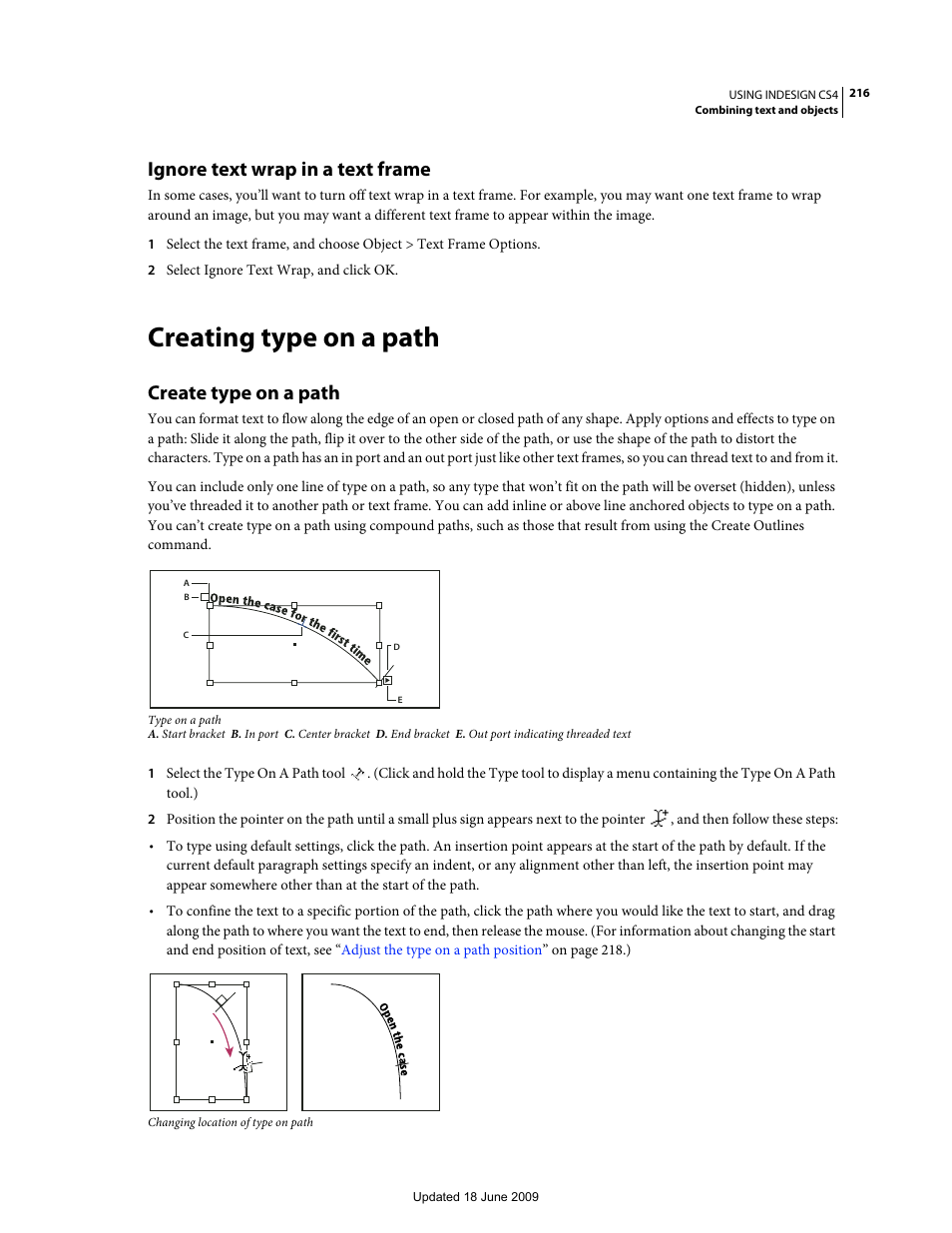 Ignore text wrap in a text frame, Creating type on a path, Create type on a path | Adobe InDesign CS4 User Manual | Page 224 / 717