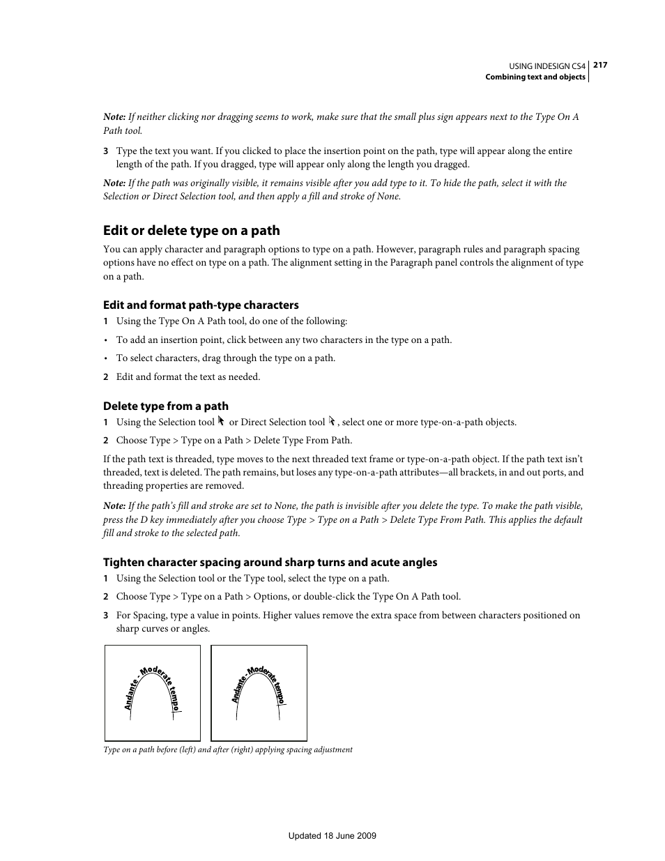 Edit or delete type on a path, Edit and format path-type characters, Delete type from a path | Adobe InDesign CS4 User Manual | Page 225 / 717