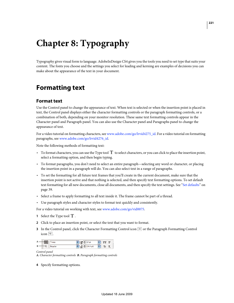 Chapter 8: typography, Formatting text, Format text | Adobe InDesign CS4 User Manual | Page 229 / 717