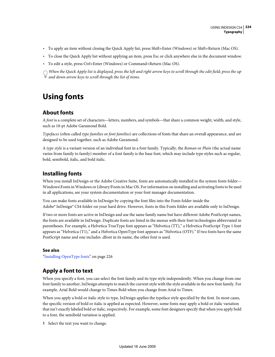 Using fonts, About fonts, Installing fonts | Apply a font to text | Adobe InDesign CS4 User Manual | Page 232 / 717